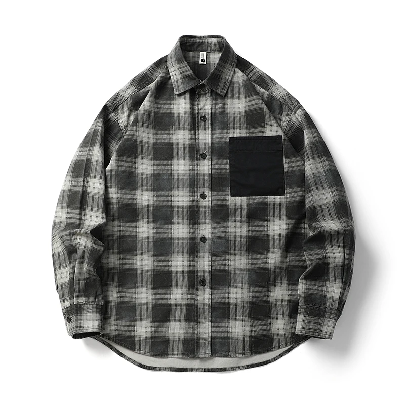 

Американская клетчатая лоскутная куртка-рубашка в стиле ретро с дизайнерским воротником - унисекс, уличная одежда в клетку, осенняя мода 2024, большие размеры