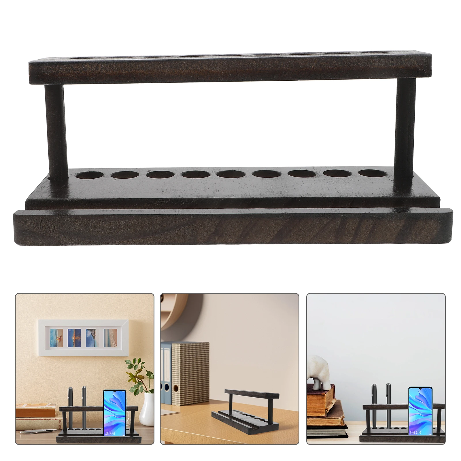 

Wooden Pen Holder Phone Stand Display Multifunction Cell with Hole Office for Desk Unique