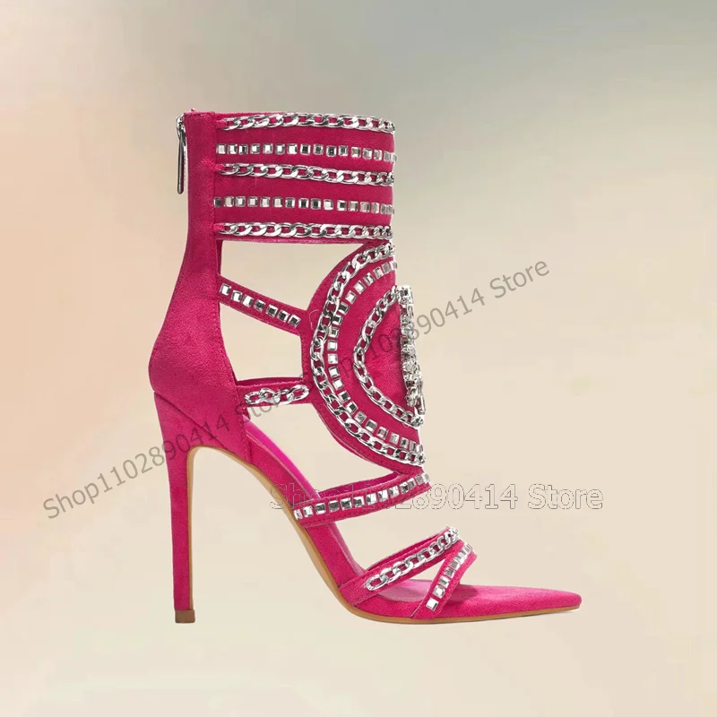 Rose Red Crystal Flower Decor Sandals Boots Back Zipper Women Shoes Thin High Heels Open Toe Fashion 2024 Zapatos Para Mujere