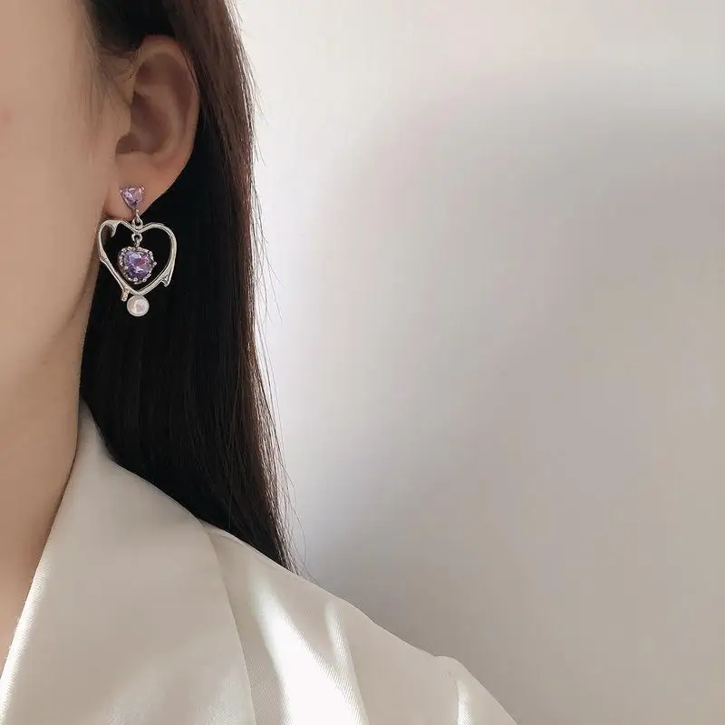 Sweet Cool Hollow Out Love Purple Zircon Female Ins Retro High Sense Pearl National Tide Earrings