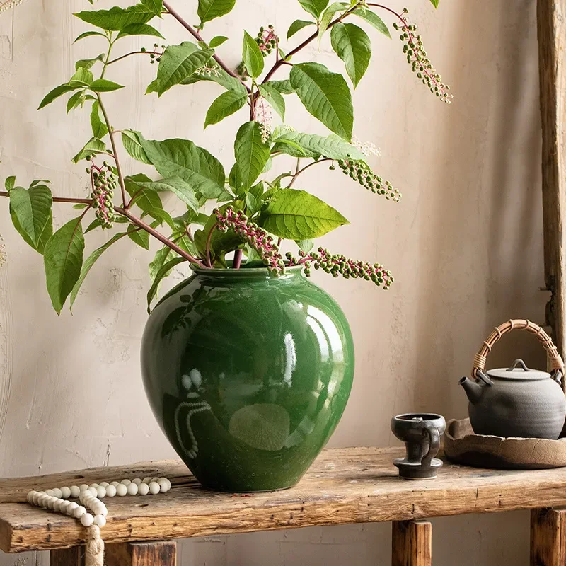 Emerald Green Ceramic Vase New Chinese Style Hydroponic Flower Arrangement Light Luxury Home Decor for Living Room Ornament