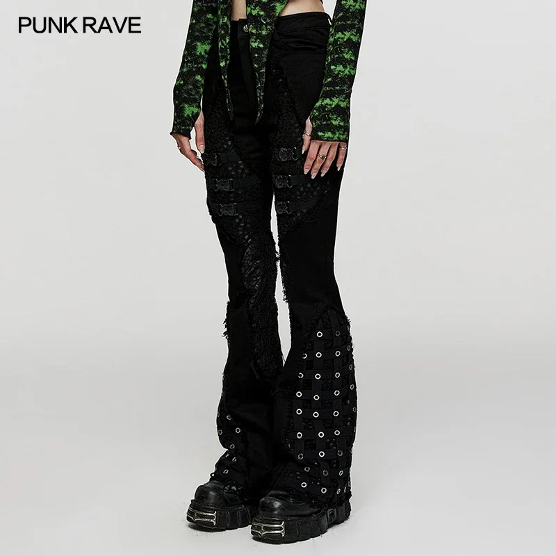 PUNK RAVE Women's Punk Style Cage Elastic Denim Flared Pants Personalized Cool Black Trousers Autumn/winter