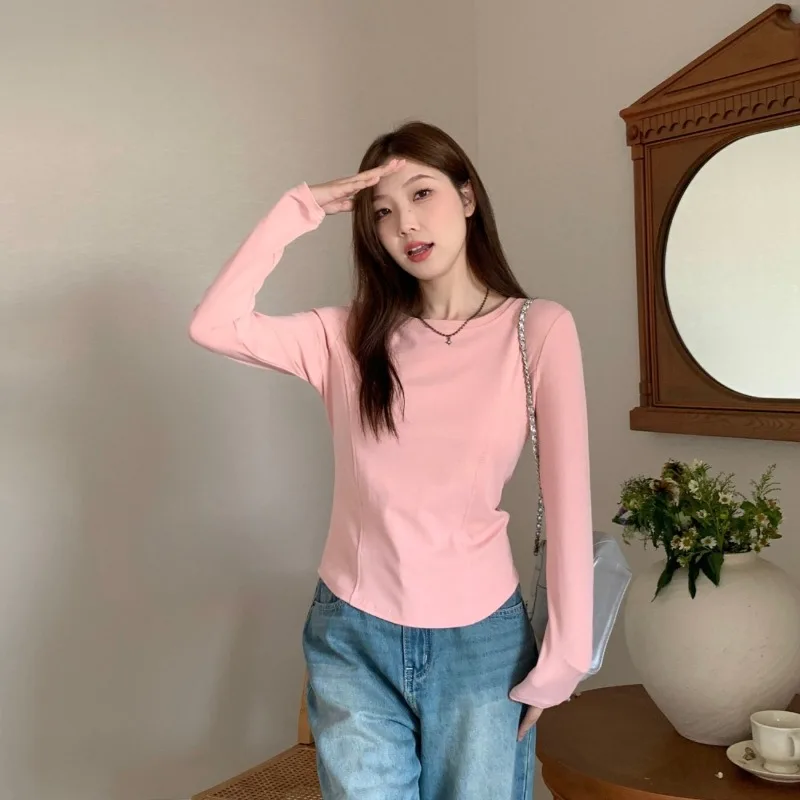 Women Long Sleeve T Shirt Boat Neck Fishbone Seam Slim Fit Layering Top