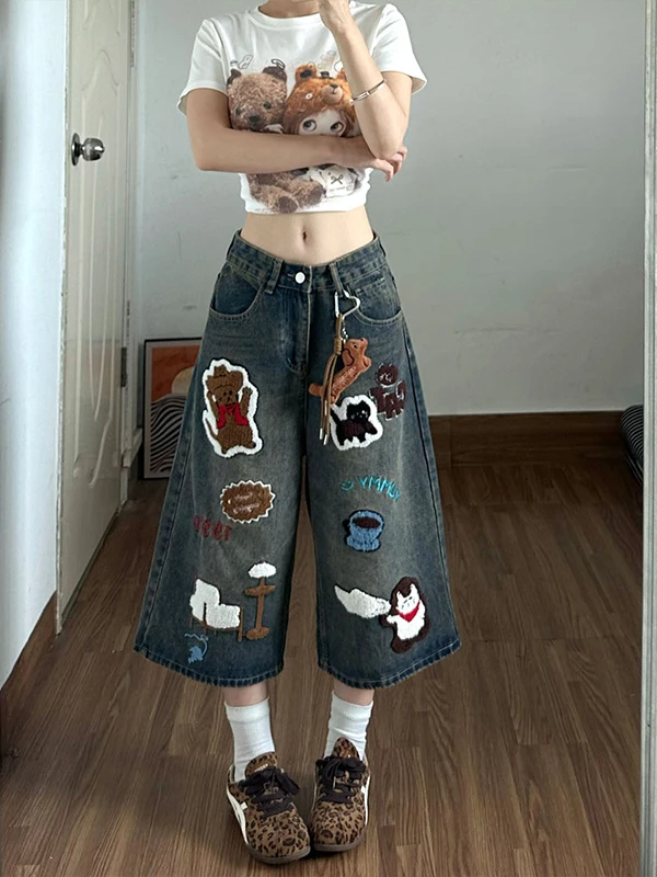 American Style Retro Cartoon Towel Embroidered Knife  Seven-Foot Women's Jeans Casual High Waist Wide Leg Straight Short ...