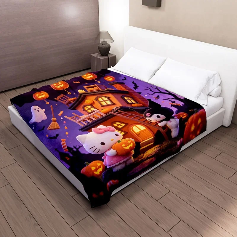 Soft Flannel Throw Blanket, Hello Kitty Kuromi Halloween Witch House Ghost Bat Pattern, Cozy Blanket For Bed Sofa Camping Travel