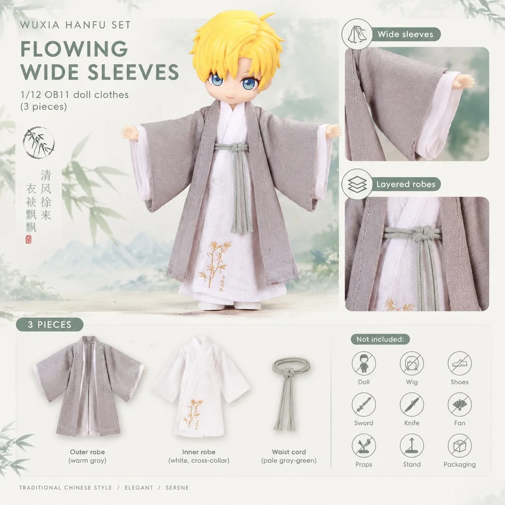 Doll Clothes for OB11 GSC P9 P10 1/12 Dolls, Chinese Wuxia Swordsman Hanfu Costume, Bamboo Embroidery, Blue White Gray