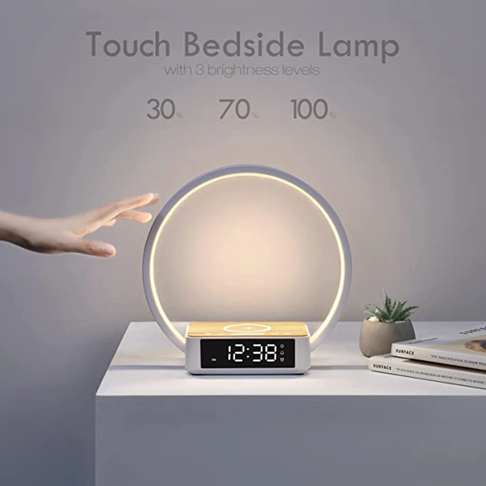 

Custom home decor touch sensor smart wake up light desk alarm clock 10W 15W wireless charger led night bedside table lamp