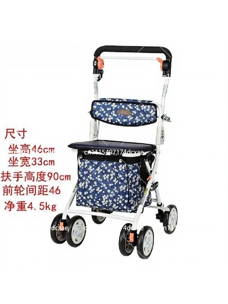 Portable Folding 4-Wheel Trolley for Elderly Shopping, Sit-Down Walker with Seat, Lightweight Rollator for Seniors