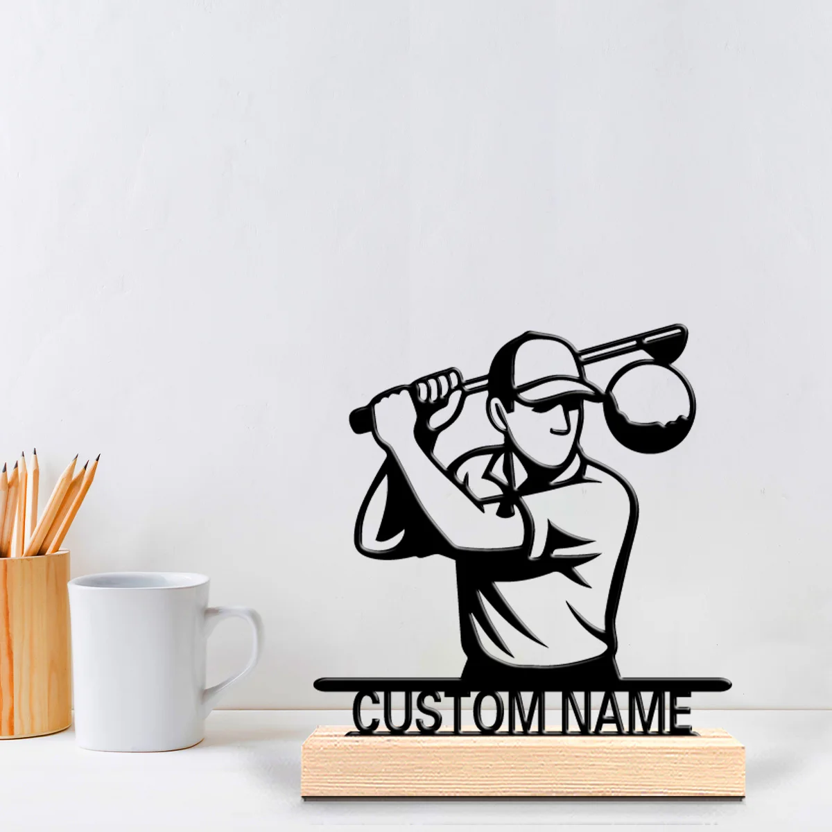 1pc Modern GOLF Customizable Name Metal Statue Iron Figurine With Wood Base Tin Ornament With Wood Base For Office Room Decor