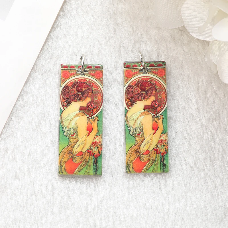 8Pcs Mucha Vintage Charme Acryl Kreative Malerei Für Ohrring Keychain Anhänger Halskette Diy Herstellung