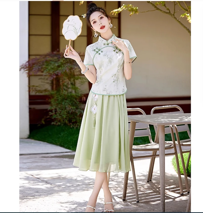 

Новое улучшенное платье Cheongsam в китайском стиле для женщин лета 2025, новый комплект из двух предметов с принтом в стиле Hanfu Zen