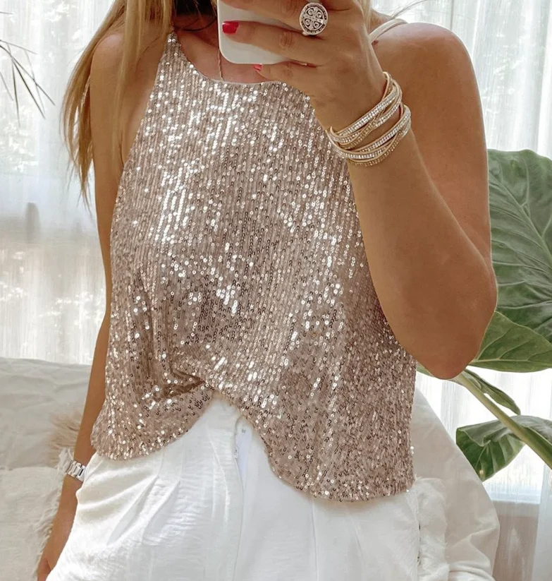 여름 여성 오뜨 꾸뛰르 스타일 섹시한 라운드 넥 스팽글 장식 여성의 우아한 슬림 피트 민소매 조끼 탑