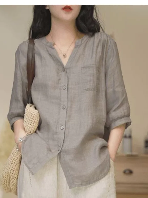 

Loose Fit Pure Color V-Ne Silk irt Women's Five-Quarter Sve Faionable Small irt Breathable Cotton Linen Material