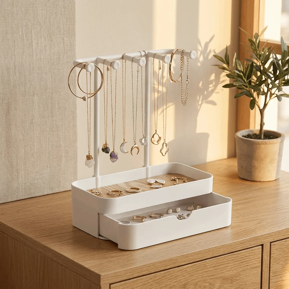 Portable Jewelry Display Holder with Drawer Box Double Layer Jewelry Organizer Retro Vintage Jewelry Storage Rack Store Display