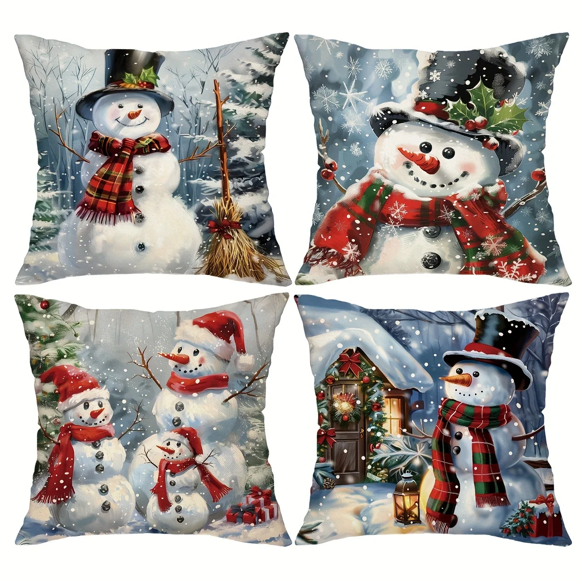 Festive 4pcs Set of Christmas Snowman Throw Pillow Covers 18x18 Inch, Vintage Style, Zip Closure, Polyester, Hand Wash Only