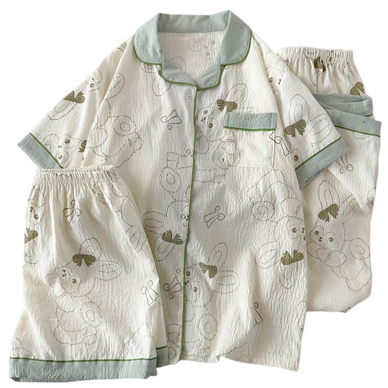 Conjunto de pijama de algodón con nube de conejito de dibujos animados para mujer, dulce manga corta, 3 piezas