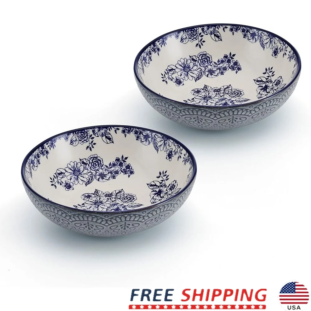 

Gabriela Blue Floral Set of 2 Pasta Bowls 8 Inch Durable Stoneware Dishwasher Microwave Safe Ideal Pasta Rice Salads