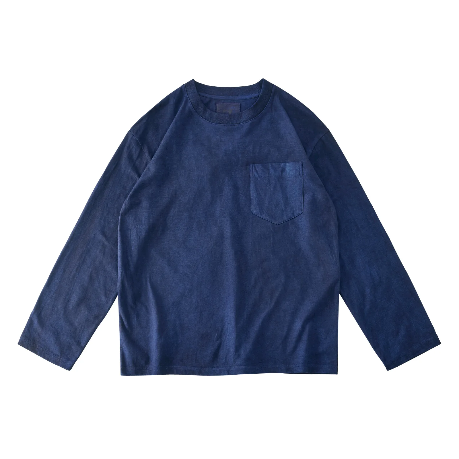 Indigo Botanical-Dyed Heavyweight 250gsm Combed Cotton Tee - Relaxed Drop Shoulder Long Sleeve T-shirts Spring Autumn for Men