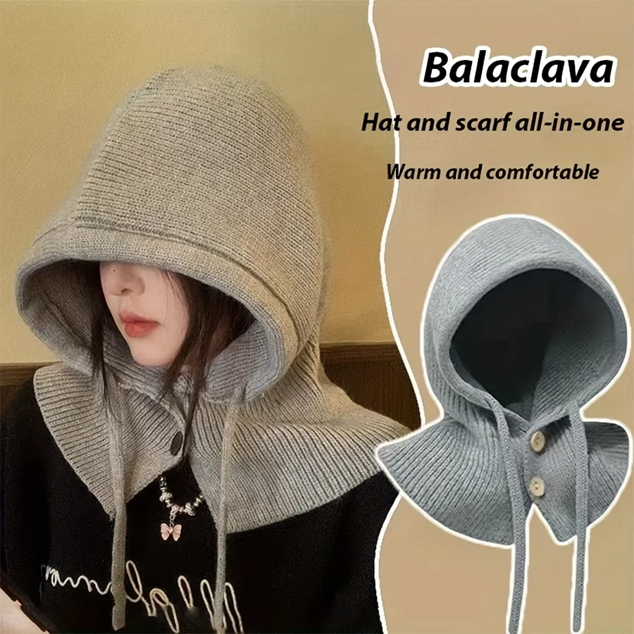 1/2/3PCS Winter Windproof Balaclava Hat Korean Adjustable Drawstring Knitted Hooded Scarf Autumn Warm Outdoor Hiking Headwear
