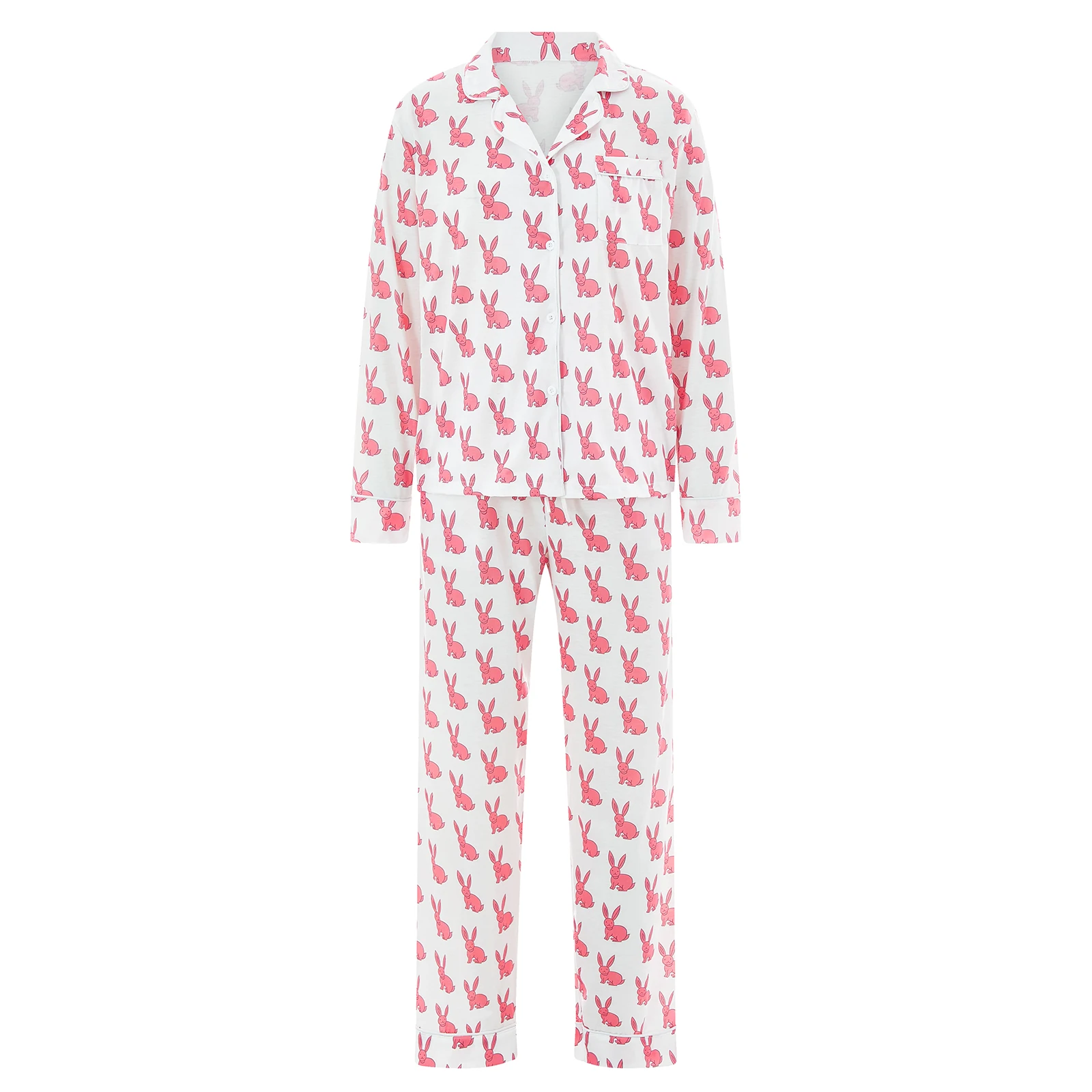 2-teiliges Damen-Pyjama-Set mit Hasenmuster, Knopfleiste, langärmliges Hemd, Oberteil + Hose mit Kordelzug in der Taille für Loungewear, weiche Nachtwäsche