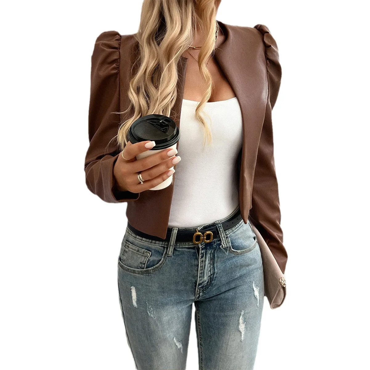 Women\'s Jacket Long Sleeved Casual Cardigan Solid Color Leather Jacket 2024 Autumn