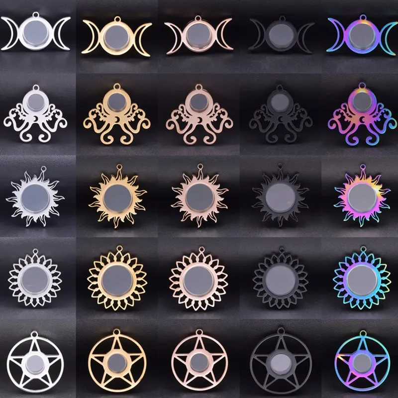 DIY Sun Moon Star Witch Accessories Wicca Pendant Locket Sunflower Octopus Stainless Steel Charm Lockets For Jewelry Making Bulk