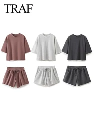 TRAF Women Vintage Solid T Shirt Short Sets O Neck Short Sleeve Shirts Top + Elastic Waist Loose Shorts Spring Two Piece Set