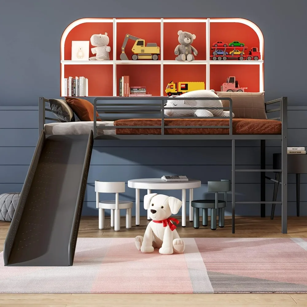 Bunk Beds.Twin Loft Bed with Slide, Metal Low Bunk Bed w/Safety Guardrails & Built-in Ladder, Toddler Bed Floor Frame for Boys