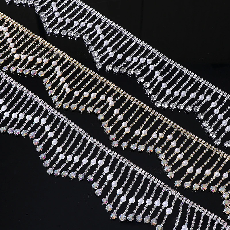 

90cm Glitter Tassel Crystal Lace Trim AB Color Rhinestone Chain Claw Fringed Pearl Pendant Chain Diy Sewing Garments Crafts