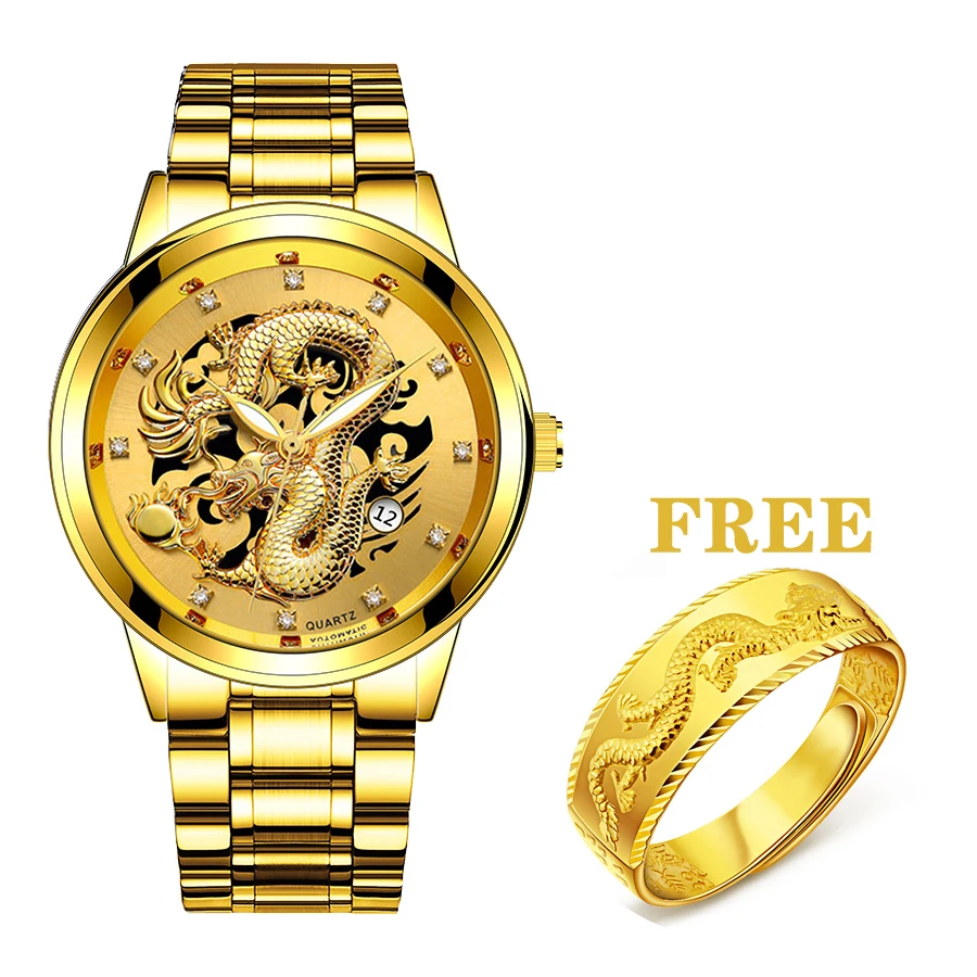 [FREE RING] Men Gold Dragon Design Quartz Watch Fashion Casual Hollow Out Calendar Stainless Steel Watches