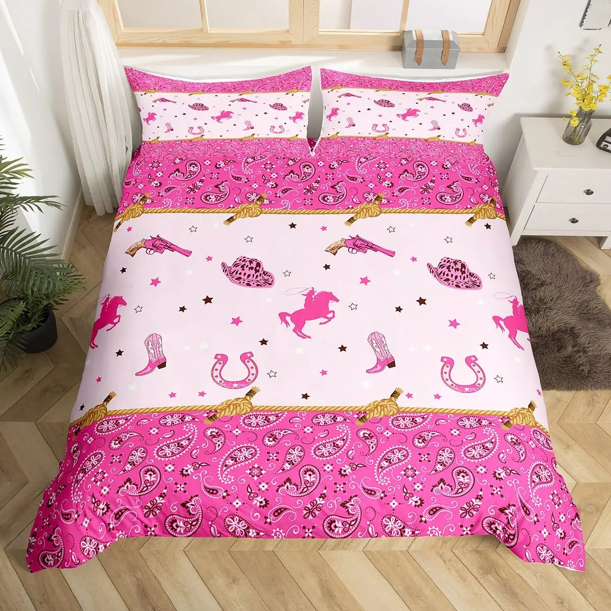 

Pink Paisley Pattern Bedding Set,Cowgirl Duvet Cover for Kids Teens Boys Girls,Bohemian Comforter Cover with 2 Pillowcases 3pcs