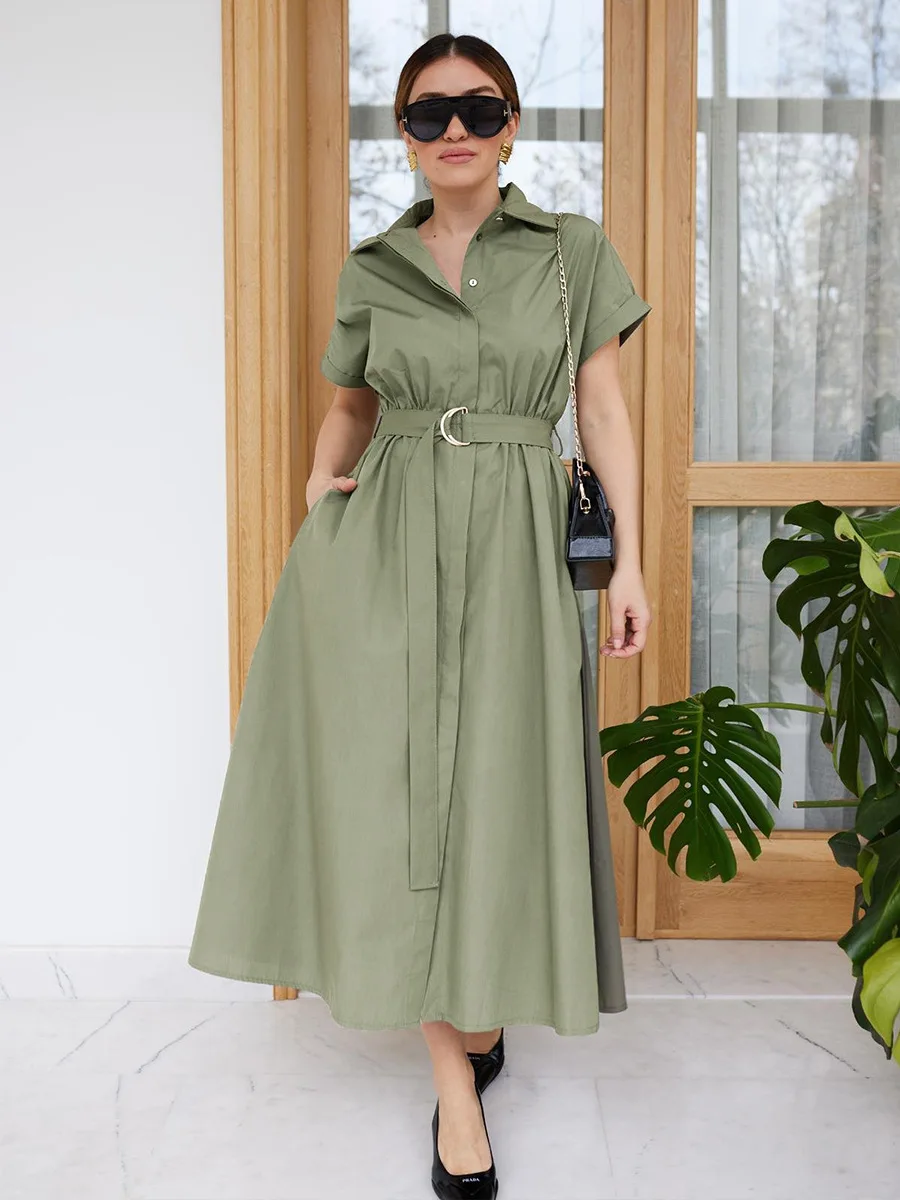 فستان نسائي صيفي جديد من Bornladies 2026 مصنوع من القطن بأكمام قصيرة وحزام خصر #2