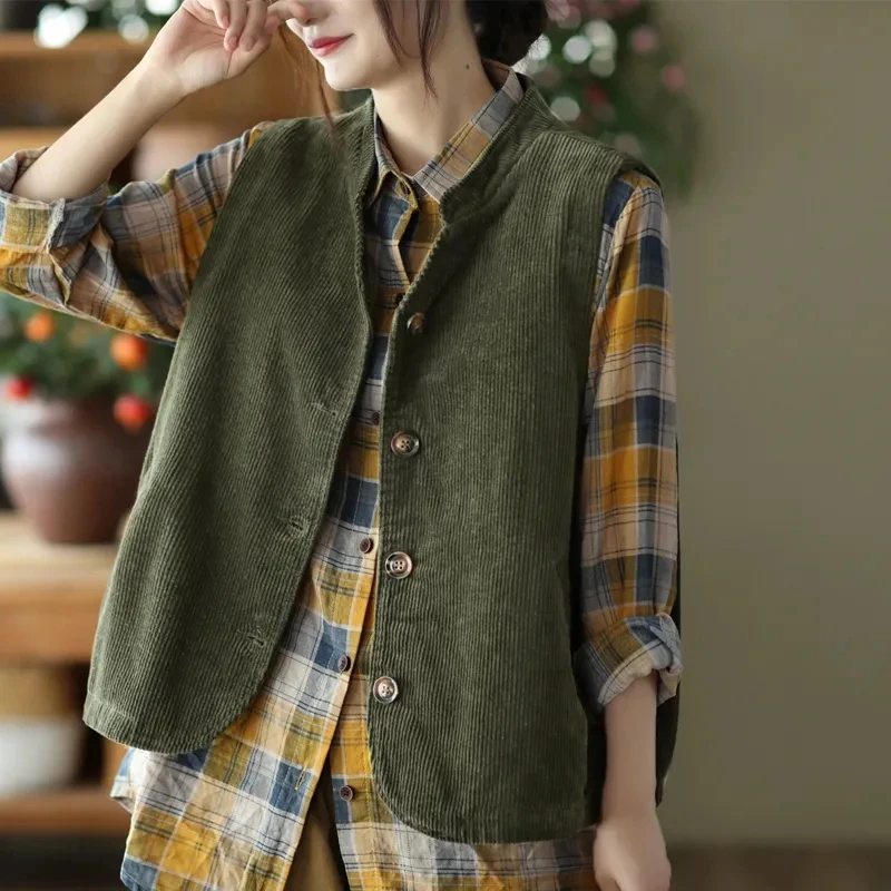 Women's Corduroy Vest Jacket 2026 Spring Autumn New Korean version Loose Sleeveless Coat Single Breasted Female Short Waistcoat