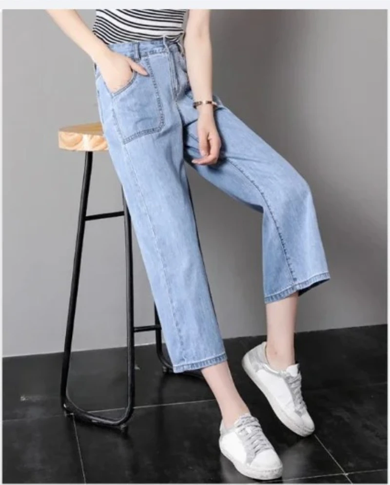 Classic High Waist Wide Leg Jean Vintage Capris Casual Vaqueros Women Baggy Denim Pants Korean Fashion Pantalones Blue Trousers