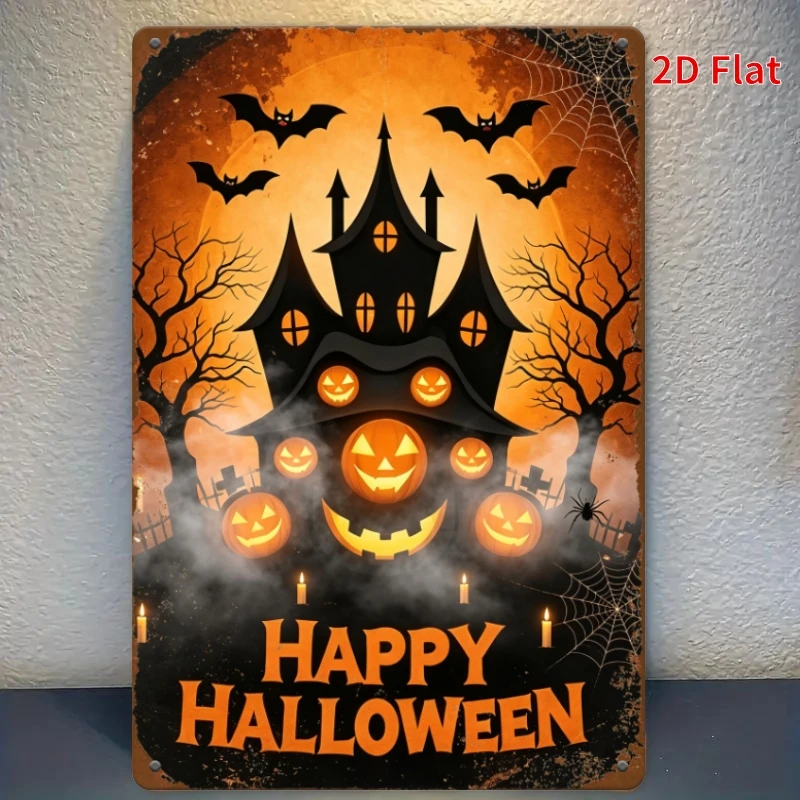 2D Flat - [2Dflat]1pc - 30X20Cm - Vintage Happy Halloween Haunted House Metal Tin Sign, Spooky Pumpkin Bat Ghost Retro Wall Plaq