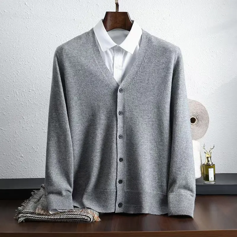 Soft and skin friendly~100% cashmere cardigan men\'s V-neck business casual fashionable loose sweater knitted sweater jacket