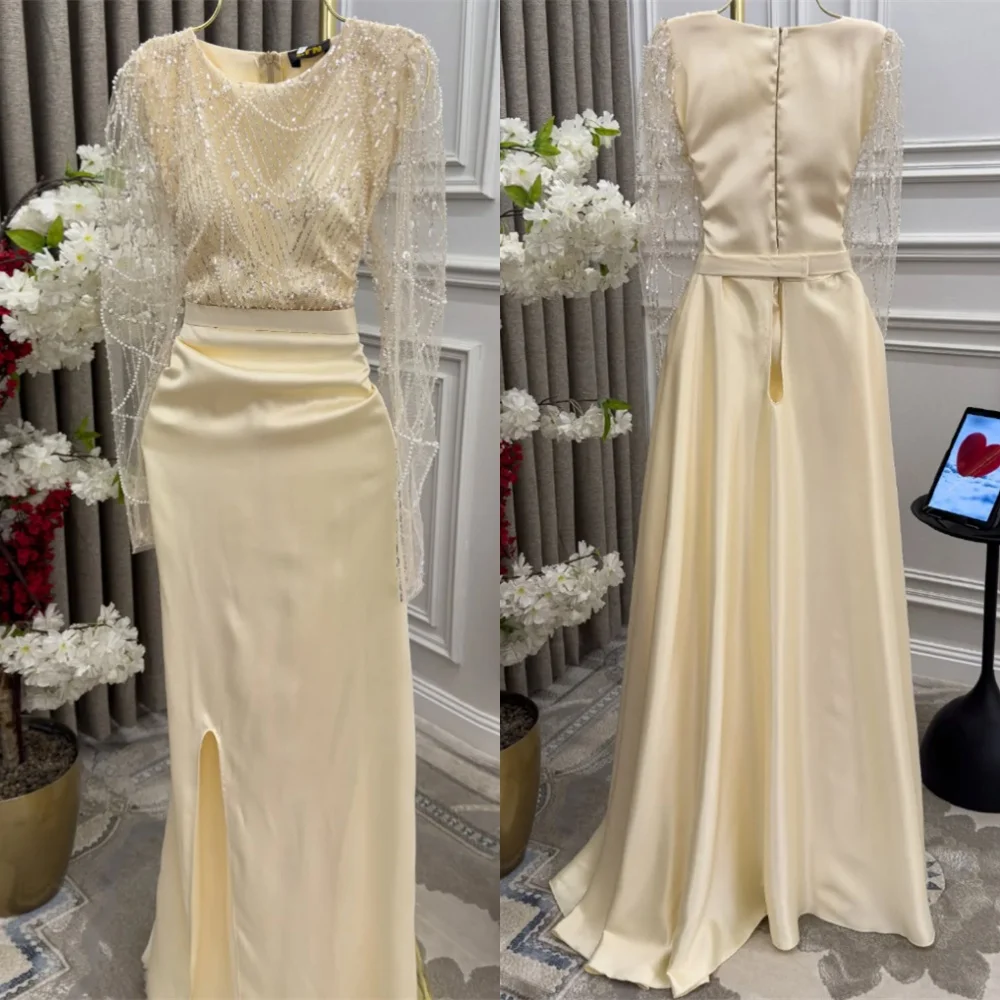 

Customized Temperament White Satin Evening Dress Exquisite Scoop Long Sleeves Cocktail Dress Modern Zipper Back Party Dress