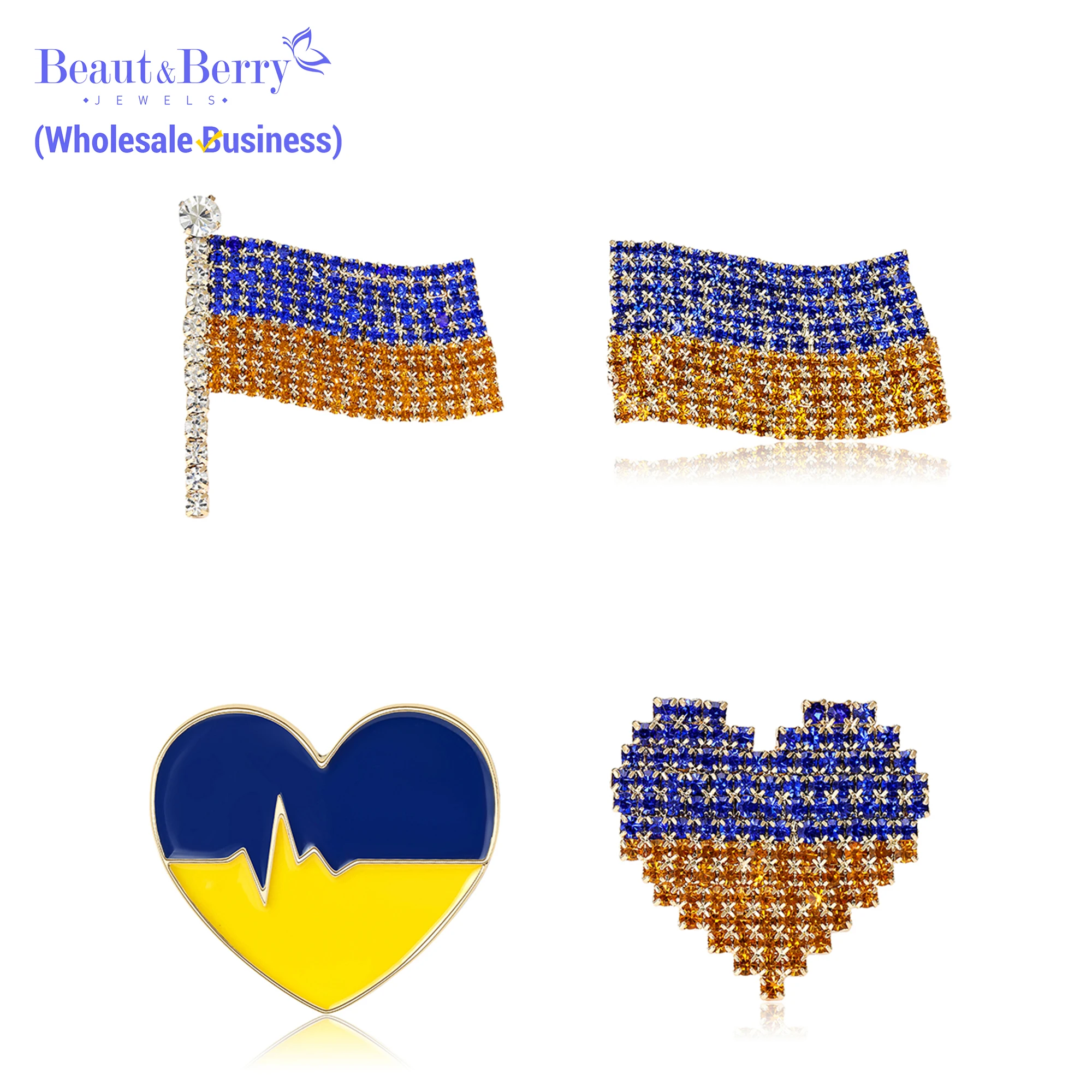 Beaut&Berry Rhinestone Ukrainian Love Brooch Unisex Flag EKG Pin Office Party Casual Accessory Gift