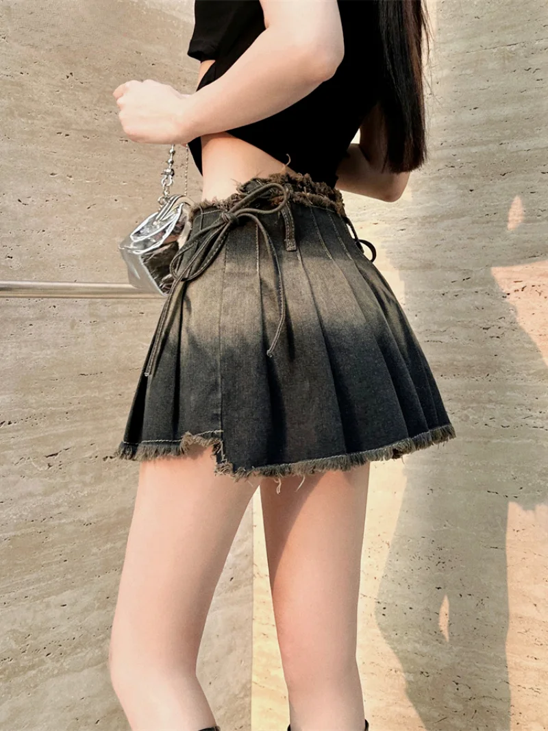 

Gothic Summer Y2K Pleated Skirts Women Slim Denim Clothing Schoolgirls Mini Vintage Ins Fashion All-match Denim Skirt Midi Skirt