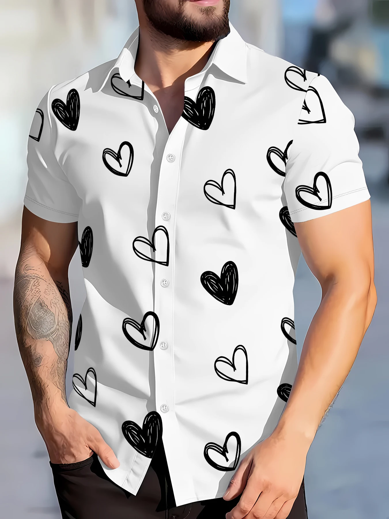 

2026 Summer New Style Men's Short-Sleeved Shirt with 3D Heart Pattern Street Casual Fashion Comfortable Soft Breathable
