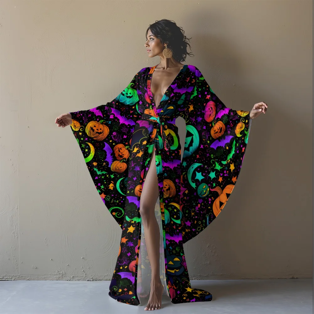 Spooky Skeleton Print Robe Kimono Bathrobe Sexy Halloween Long Sleeve Open Front Robe with Belt for Halloween Party Cosplay