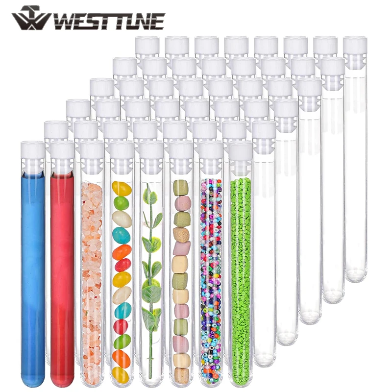 WESTTUNE 50Pcs 12x100mm Clear Plastic Test Tubes with Caps Lab Sample Container for Scientific Experiment Plant Seed Storage