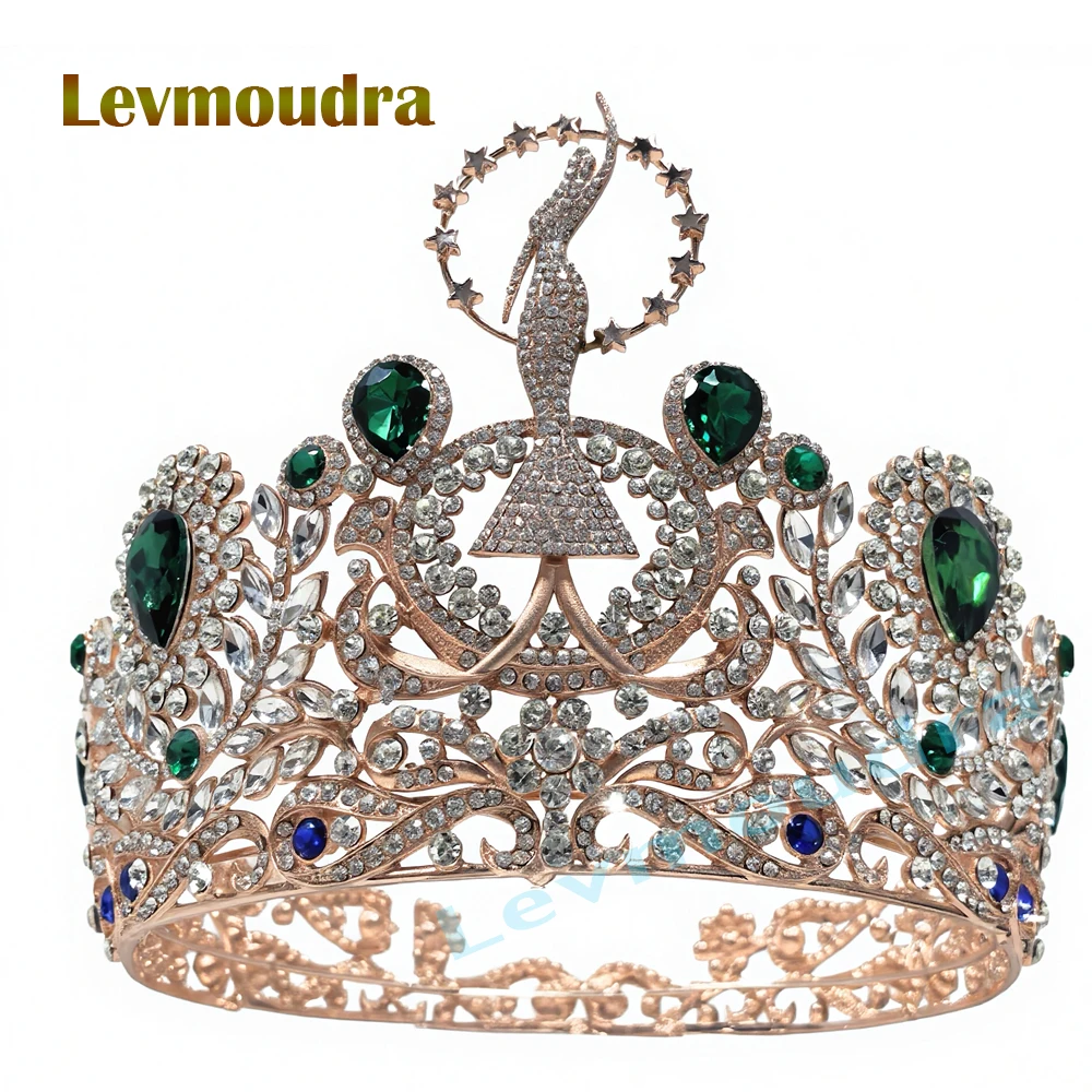 

Levmoudra Pageant Round Tall Wedding Tiara Crystal Rhinestone Princess Crown Bridal Hair Accessories for Engagement Party Prom