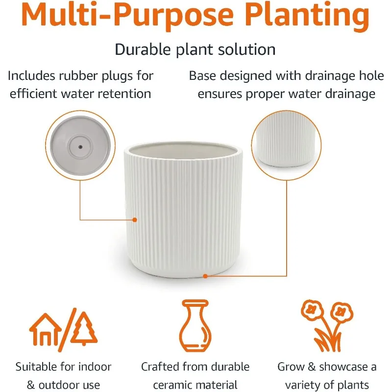 Plantador redondo de cerâmica canelada, 8 polegadas, branco