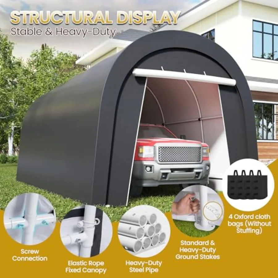 Carport with 6 Heavy Duty Ground Stakes, Car Port Portable Garage with 4 Cloth Bags and 2 Roll Up Doors, All-Weather Car Shelte