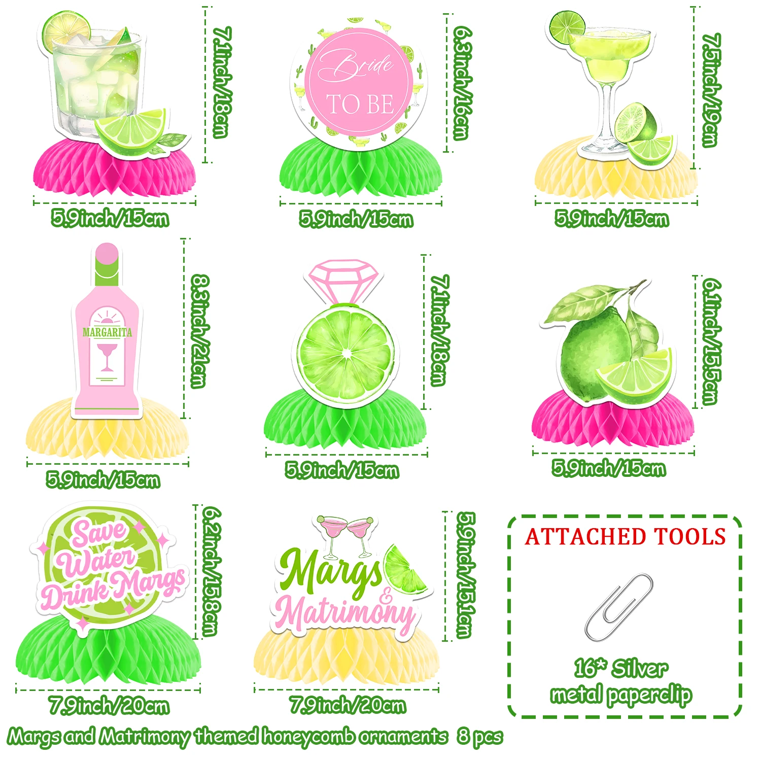 Sursurprise 8Pcs Margs & Matrimony Honeycomb Centerpieces Lemon Cocktail Diamond Ring Table Decor colorful Bridal Shower Supply