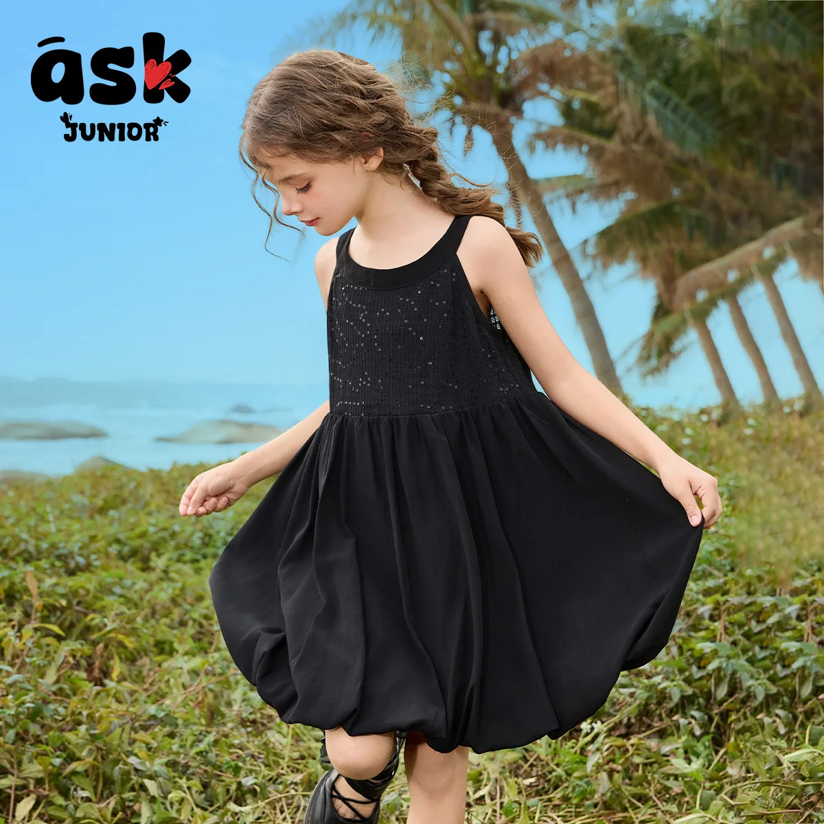 الاطفال الصيف الفتيات الترتر الأسود الزخرفية حمالة برعم اللباس #2