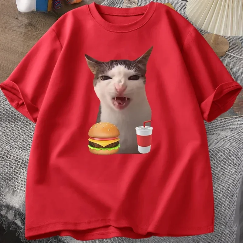 Cat Crunching Food Meme T-shirt Women Silly T Shirts Funny Cat Eating T-Shirt Short Sleeve Graphic Tees Streetwear Fashion Y2K