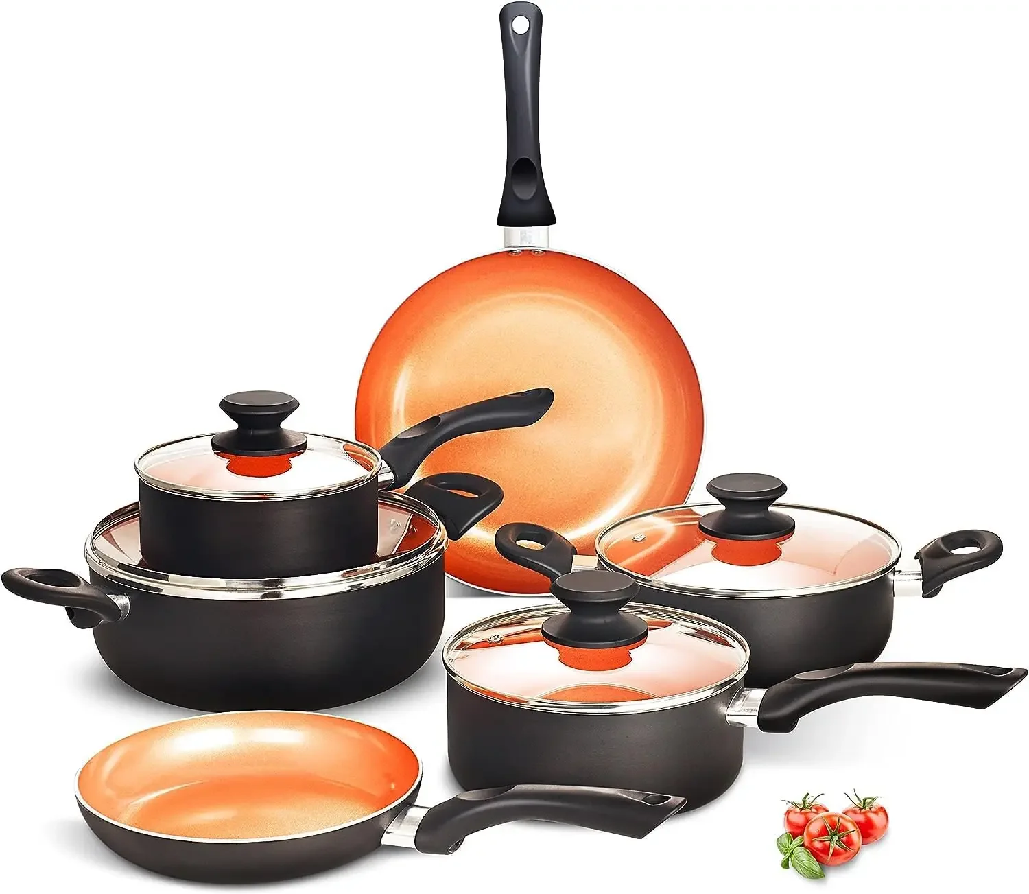 For 10-Piece Black Aluminum Cookware Set with Lids, Includes Soup Pot, Milk Pot and Frying Pans, Induction Gas and Stovetop