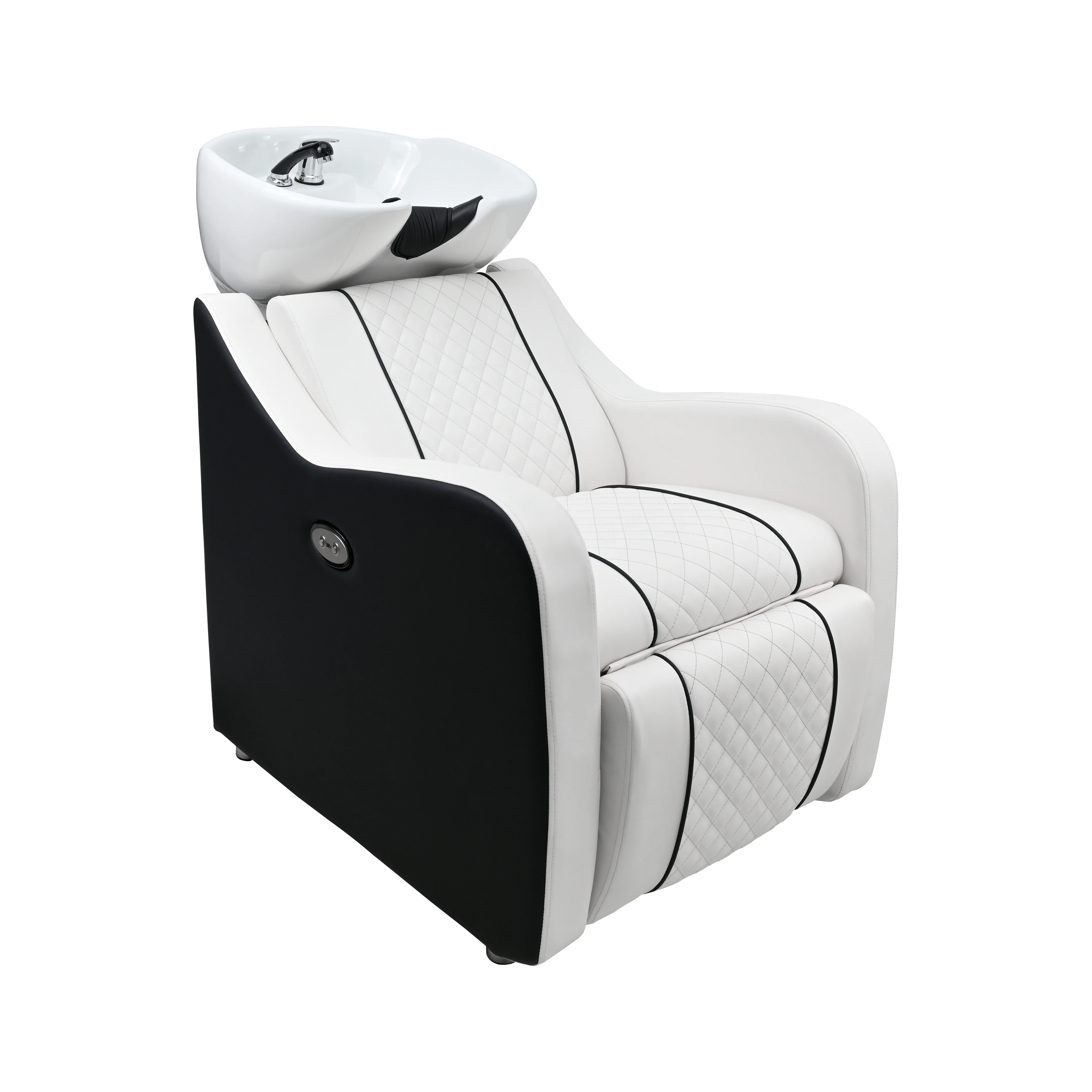 Luxury black and white electric shampoo bed with ceramic basin, diamond quilted professional salon shampoo recliner